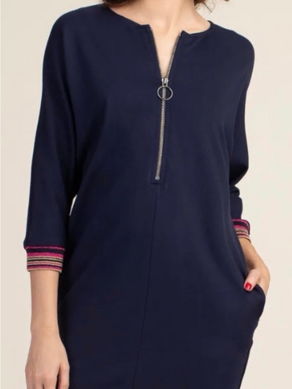Tina Turk Navy Zip-Front Dress with Contrast Cuff Size Large